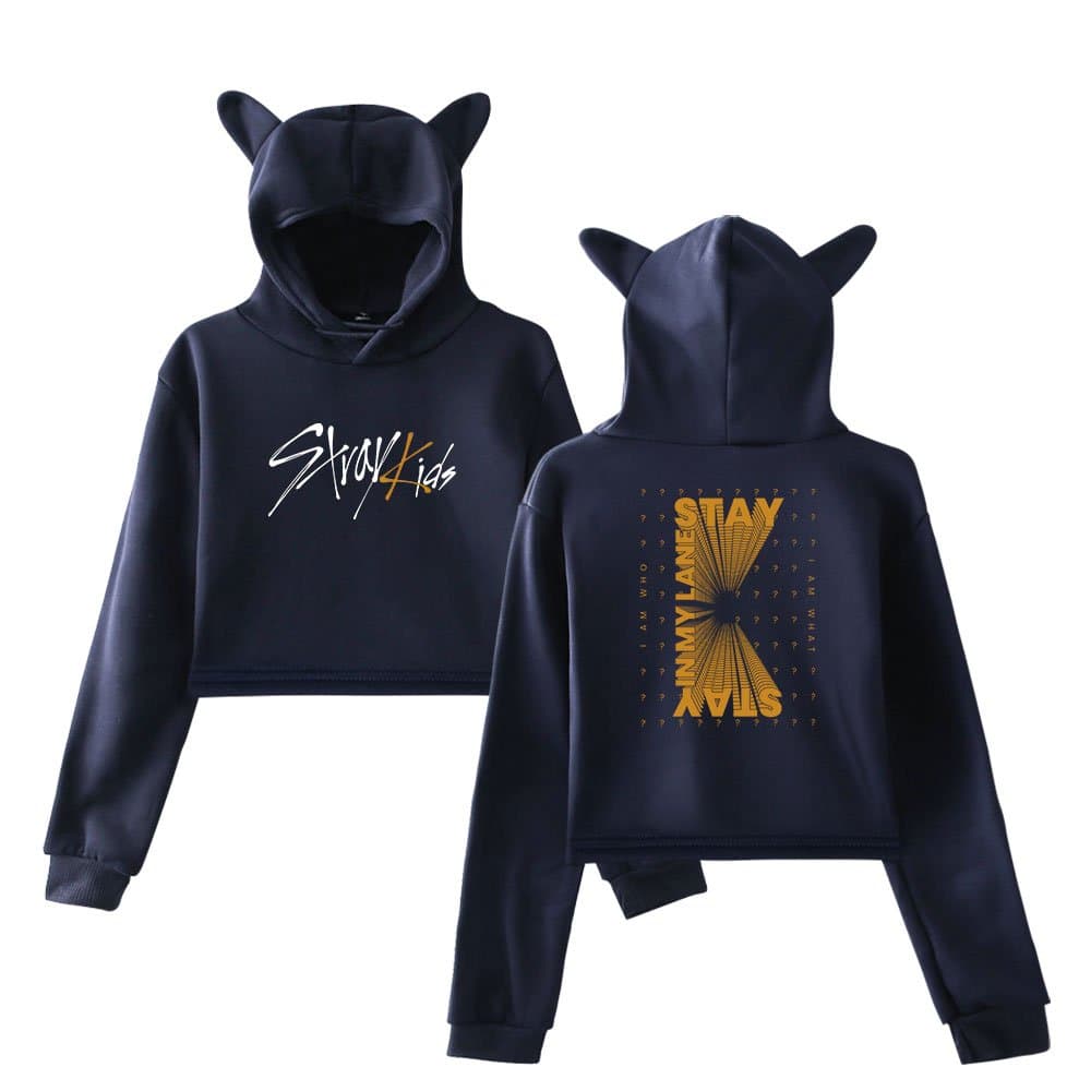 Adidas kids black hoodie set with playful kitty ears, featuring SKAY Kids and Stay Jimmy Lankster graphic designs.
