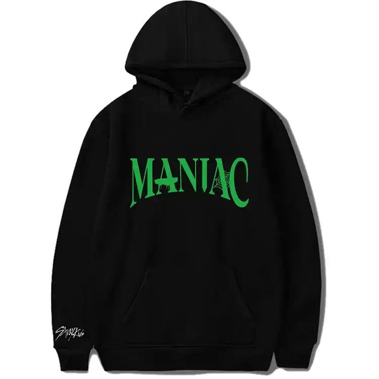 MANIAC hoodie with green text and spider logo, stylish K-pop merch piece.