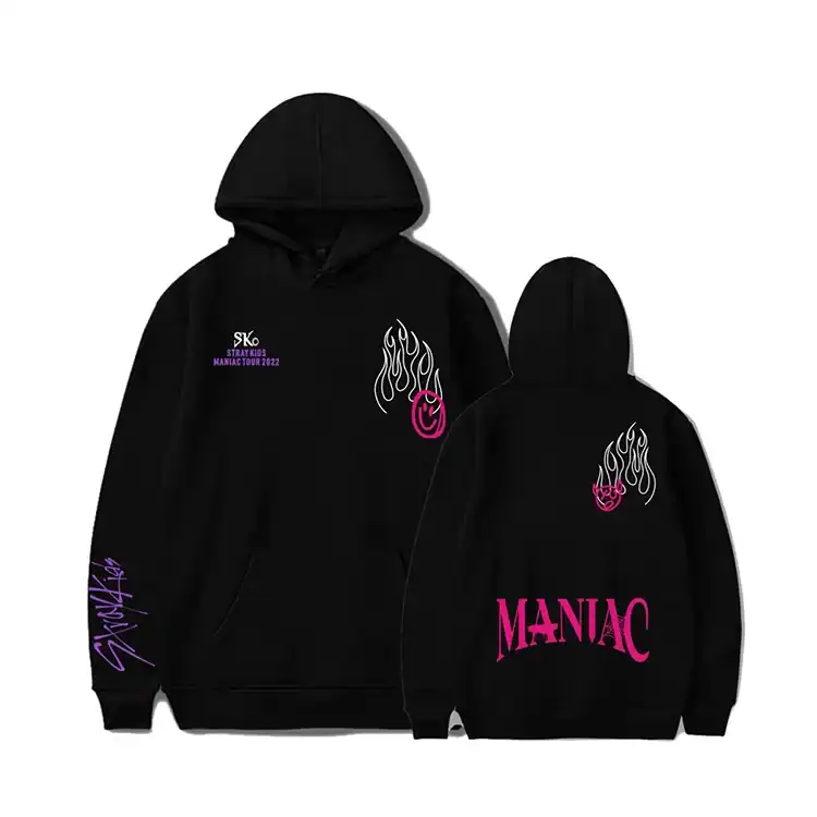 Black hoodie with K-pop band logo and graphic design, perfect for K-pop merch fans.