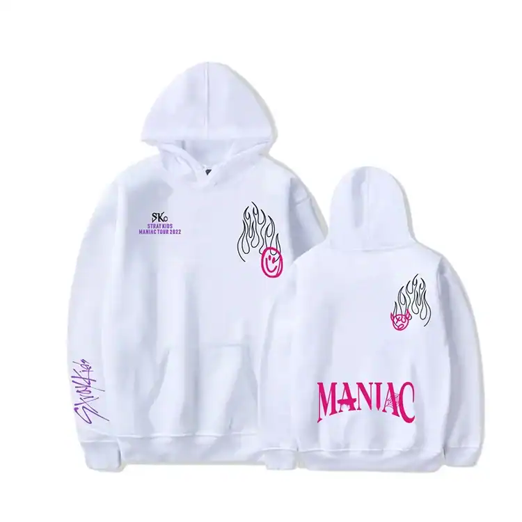 White hoodie with K-pop design, flame logo, and MANIAC text, perfect for K-pop fans.