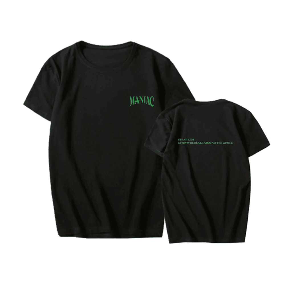MANIC black T-shirt with green text, K-pop merchandise item.