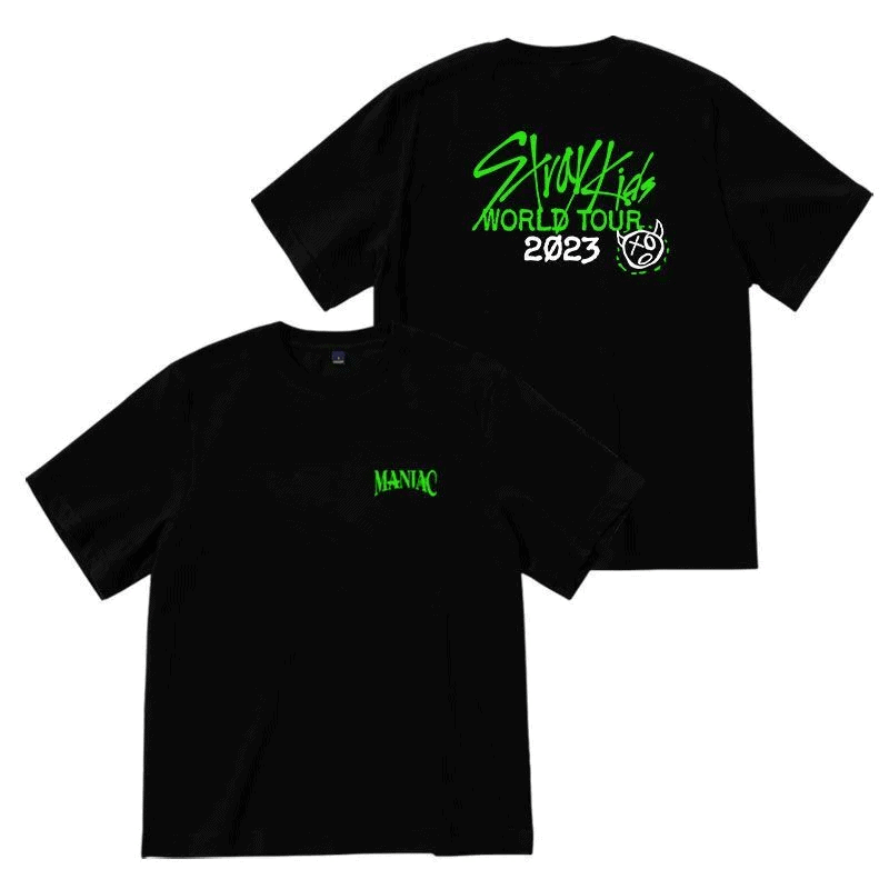 SkyyKids World Tour 2023 t-shirt with neon green print, K-pop merch.